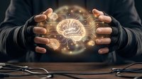 Hands holding glowing brain hologram with neural connections, representing artificial intelligence, machine learning, and digital innovation technology concept.