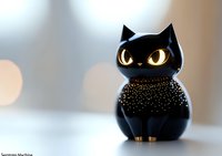 Black cat figurine with glowing yellow eyes and sparkly starry pattern decoration against soft bokeh background, creating magical mystical mood.
