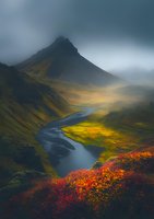Dramatic mountain landscape with winding river valley, illuminated by golden light breaking through moody clouds, framed by vibrant autumn foliage in foreground.