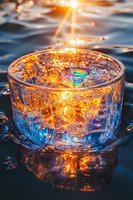 Crystal glass filled with ice catches golden sunlight creating magical rainbow reflections on water surface, artistic macro photography for luxury drinks.