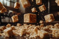 Brown sugar cubes floating in air with scattered sugar particles and crumbs against dark background in dynamic levitation composition. Food photography.
