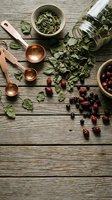 Dried herbs and berries scattered on rustic wooden table with copper measuring spoons and glass jar for natural herbal tea blending and cooking.