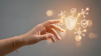 Businesswoman hand touching glowing shield with checkmarks and security icons, representing data protection, cybersecurity solutions, and digital safety for business use.