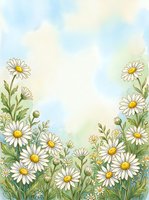 Watercolor daisy border frame with white chamomile flowers and green leaves on soft blue sky background, copy space for text.