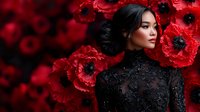 Young Asian woman in black lace dress against dramatic red poppies background. Romantic dark fashion portrait with flowing hair and elegant makeup for luxury editorial concept.
