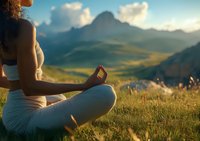 Woman meditating in lotus position on grassy hillside with majestic mountain landscape at sunset, embodying peace and mindfulness in nature.