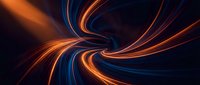 Swirling orange and blue neon light trails create a dynamic abstract vortex effect against dark background, suitable for tech and modern design projects.