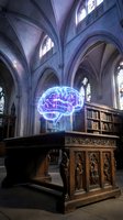 Neon glowing brain hologram floating above ornate wooden desk in gothic cathedral interior with stained glass windows and vaulted ceilings, representing artificial intelligence and knowledge.