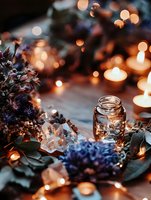 Romantic evening setup with glowing candles, mason jar, and purple flowers creating magical bokeh effect on rustic wooden surface. Cozy atmospheric lighting.