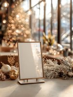 Empty gold frame mockup with Christmas decorations and warm bokeh lights creating festive holiday atmosphere for seasonal marketing materials.
