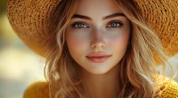 Young woman with blonde wavy hair and blue eyes wearing straw sun hat in warm summer sunlight, natural makeup and glowing skin, soft bokeh background creates dreamy atmosphere.