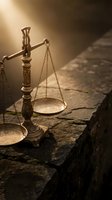 Vintage brass scales of justice on stone surface with dramatic lighting for legal and law firm concepts.