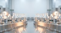 Modern pharmaceutical laboratory with glass vials and equipment on metal surfaces. Clean sterile environment for drug development and medical research testing.
