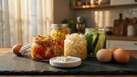 Homemade fermented foods in glass jars on kitchen counter including sauerkraut, kimchi and pickled vegetables for healthy gut microbiome and probiotics.