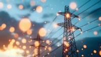 High voltage power lines and electricity pylons silhouetted against dramatic sunset sky with glowing orange bokeh lights creating magical atmosphere.