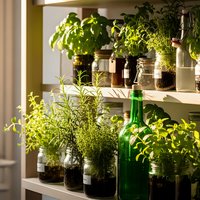 Fresh herbs growing in glass jars and containers on kitchen windowsill shelves with natural sunlight for home gardening and cooking.