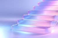 Glowing neon stairs with pink and blue gradient lighting against soft pastel background create modern minimalist architectural composition for business success concept.