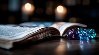 Open book with colorful polyhedral dice used in role-playing games against dark background with glowing candles creating magical atmospheric mood.