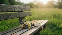 Wildflower bouquet with a be kind note resting on a rustic wooden park bench surrounded by lush green meadow in warm sunlight.