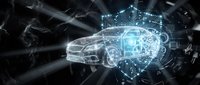 Digital car with holographic engine schematic overlay showing automotive technology and artificial intelligence systems for vehicle design and innovation.