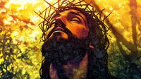 Artistic portrait of Jesus Christ wearing crown of thorns against dramatic golden light background, looking upward with expression of divine suffering and sacrifice.