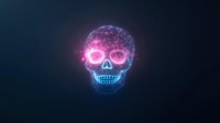 Glowing neon skull with pink eyes and blue details floating in dark space, wireframe mesh structure creating ethereal holographic effect against black background.