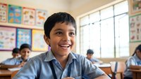 Happy young South Asian boy student smiling in bright classroom with educational posters on walls. Elementary school learning environment with natural light.