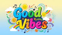 Colorful Good Vibes typography with happy emoji faces, musical notes, rainbows and decorative swirls on gradient background for positive motivation designs.