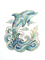 Ornate dolphin leaping from decorative ocean waves with intricate patterns, isolated on white background for design, clipart, and merchandise applications.