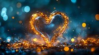 Glowing heart shape formed by fire sparks against dark blue bokeh background, magical romantic atmosphere with golden light particles and embers.