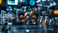 Molecular structure model with orange atoms floating over scientific laboratory equipment with blue bokeh background in research facility setting.