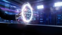 Futuristic data center with glowing compliance hologram and digital streams. Corporate cybersecurity and regulatory technology concept for business presentations.
