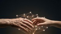 Elderly and young hands connecting with glowing network lines representing intergenerational cooperation, mentorship and knowledge transfer in business.