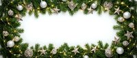 Christmas border frame with fir branches, silver ornaments, stars and warm lights on white background for holiday greeting cards and festive designs.