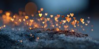 Glowing heart-shaped bokeh lights floating above textured stone surface, creating romantic atmosphere for Valentine's Day designs or love-themed projects.