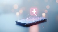 Glowing medical cross hologram floating above smartphone screen with sparkles and bokeh effects on blue background, representing digital healthcare technology.