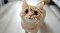Adorable cream colored cat with big round blue eyes looking up at camera with curious expression against light background, close up portrait of feline pet.