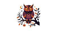 Owl perched on branch with autumn leaves, crescent moon and bats in night scene. Isolated clipart for Halloween designs, t-shirts and seasonal graphics.