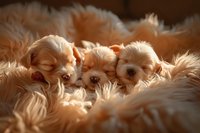 Three adorable sleeping puppies nestled in soft peach-colored fur blanket, captured in warm golden light creating cozy, tender atmosphere for pet and lifestyle content.