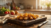 Golden roasted potatoes on rustic wooden cutting board in warm sunlit kitchen with fresh vegetables and cooking utensils in background.