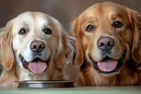 Two happy Golden Retriever dogs with tongues out waiting for food near metal bowl. Close up portrait of friendly pets showing excitement at mealtime.