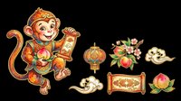 Cheerful monkey character holding a lantern and decorative elements including flowers, lanterns, and ornamental scrolls isolated on transparent background. Ready for t-shirt design, clipart, stickers, sublimation, and print-on-demand projects.