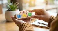 Woman hands holding colorful wooden blocks with emotion faces from sad to happy, customer satisfaction feedback concept for business evaluation and rating.