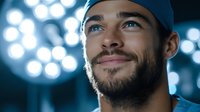 Young Hispanic male surgeon with beard smiling confidently in operating room with bright medical lights. Healthcare professional portrait for medical concepts.