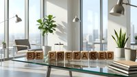 Be prepared for success with wooden letter blocks on a modern office desk, featuring potted plants, pendant lights, and city skyline views through floor-to-ceiling windows for motivational workspace design.