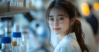 Young Asian female scientist in white lab coat and round glasses working in research laboratory with test tubes and equipment in background.