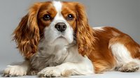 Adorable Cavalier King Charles Spaniel dog with brown and white fur lying down on neutral background, perfect for pet care and animal lover designs.