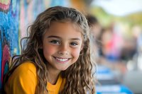 Happy young girl with curly hair smiling at camera wearing yellow shirt against colorful graffiti wall background in urban setting for lifestyle photography.