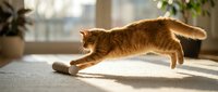 Ginger tabby cat stretching on wooden floor in sunlit room with potted plants and window background, playful pet behavior.