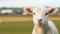 Young white lamb with pink ears looking directly at camera in pastoral farm setting with blurred agricultural background for livestock and farming content.